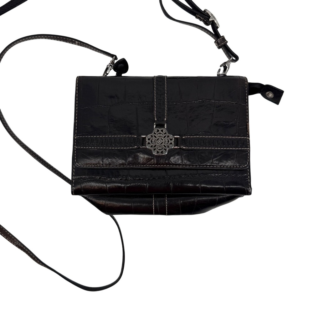 Brighton Black Croc Embossed Leather Organizer Crossbody Wallet Bag